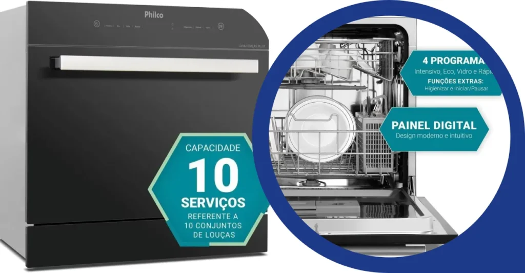Interior da Lava-louças Philco PLL10 com cestos carregados e destaques de recursos