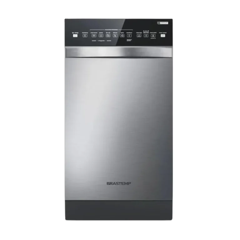 Lava-louças Brastemp BLF10BR vista frontal com acabamento inox escovado e painel superior