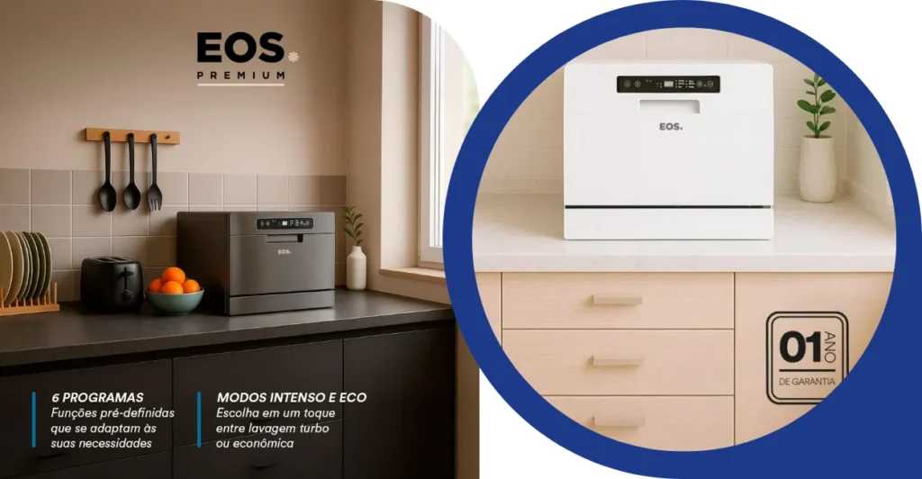 Lava-louças EOS ELL06 em cozinha moderna – bancada com modelo compacto