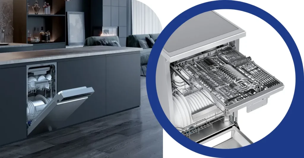 Lava-louças Midea 10 serviços inox instalada em cozinha planejada, com cestos internos e porta aberta