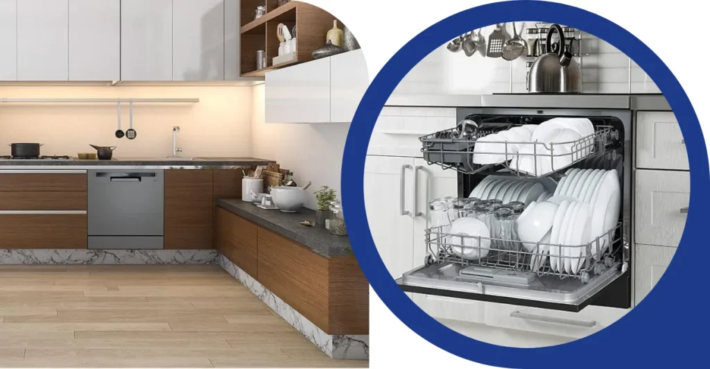Lava-louças Midea 8 serviços instalada na cozinha com louças organizadas nos cestos