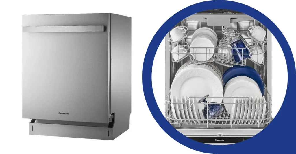 Interior da lava-louças Panasonic com cestos organizados e utensílios