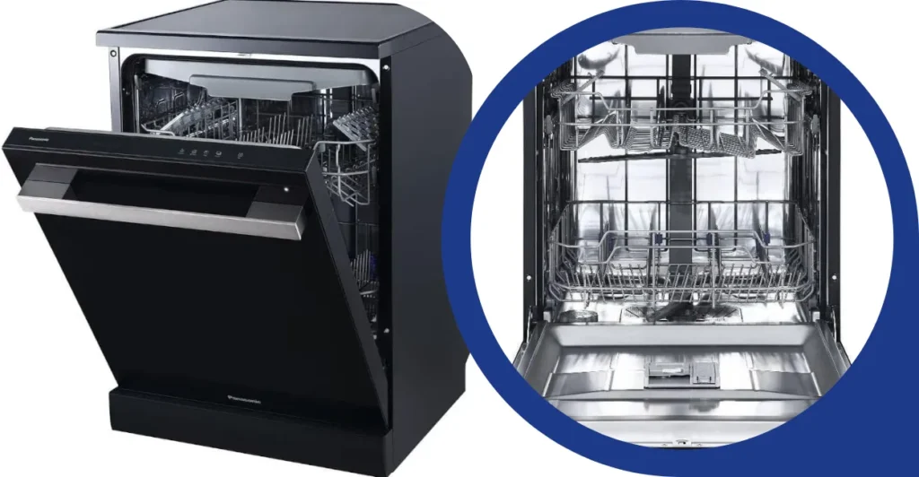Interior da lava-louças Panasonic NP-6M1MBKBRP com três cestos e acabamento em inox