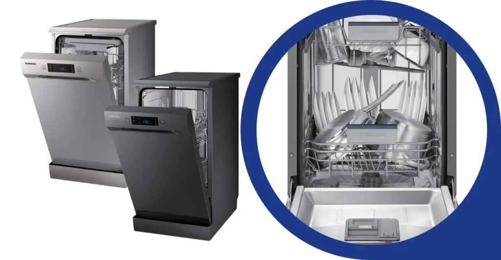 Comparativo entre os modelos Inox e Black Inox da lava-louças Samsung, com visão do interior carregado.