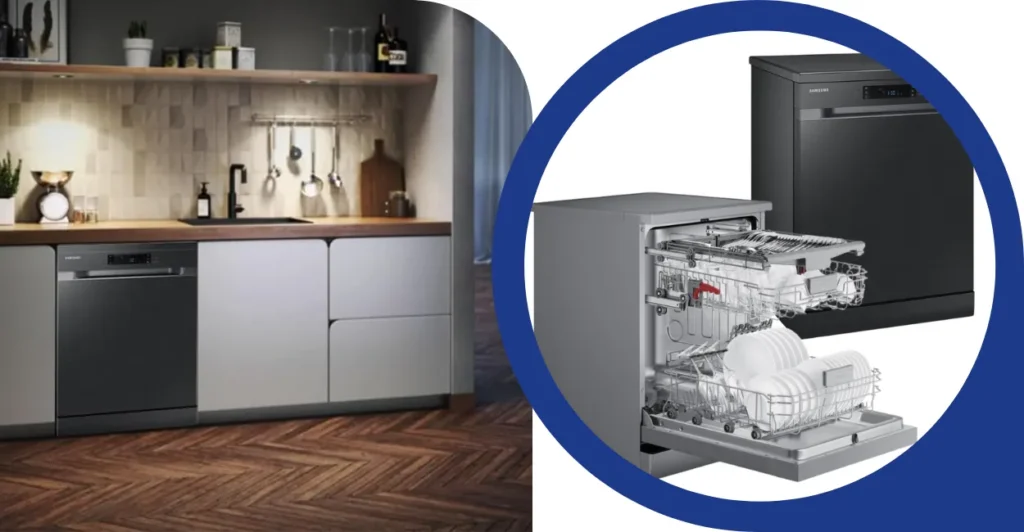 Lava-louças Samsung 14 serviços embutida em cozinha moderna e aberta para visualização interna dos cestos.
