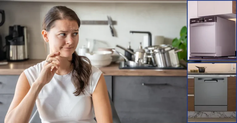 Mulher pensativa na cozinha avaliando diferentes tipos de lava-louças: de bancada, embutida e portátil.