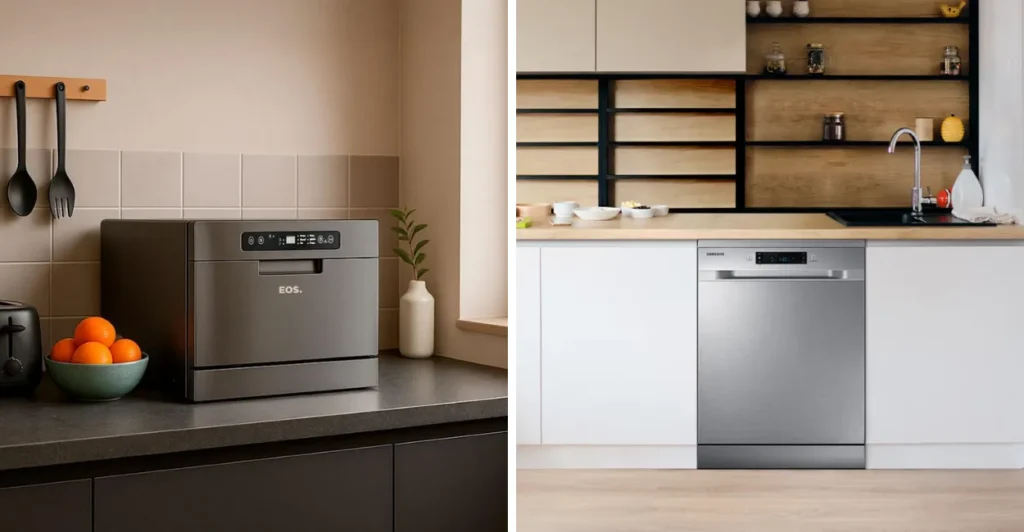 Comparativo visual entre lava-louças de bancada e embutida em cozinhas modernas