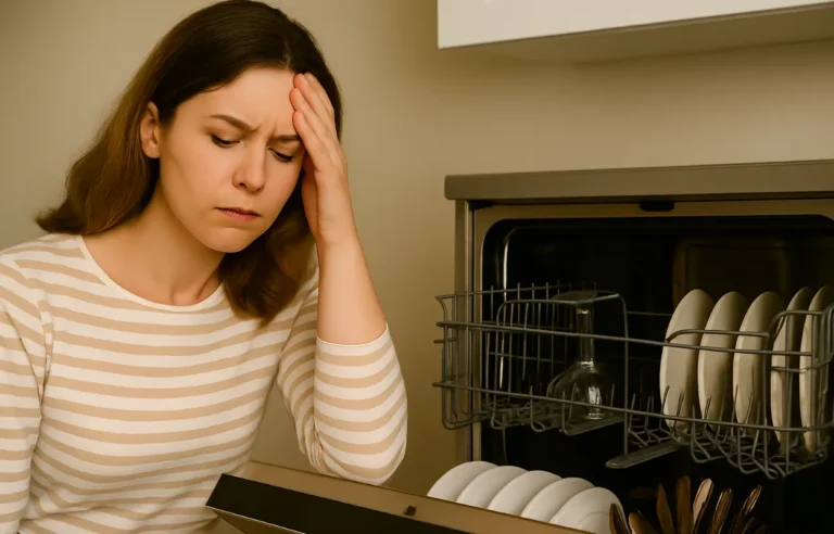 Mulher frustrada observando uma lava-louças aberta, representando dúvidas comuns ao escolher o aparelho pela primeira vez
