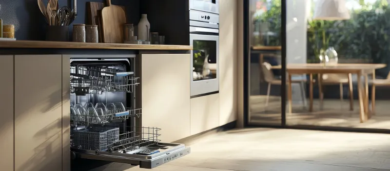 Lava-louças embutida aberta em cozinha moderna com luz natural