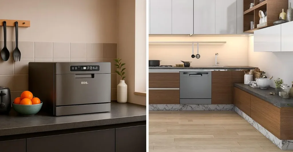Lava-louças pequena instalada em cozinha moderna planejada, ideal para casais
